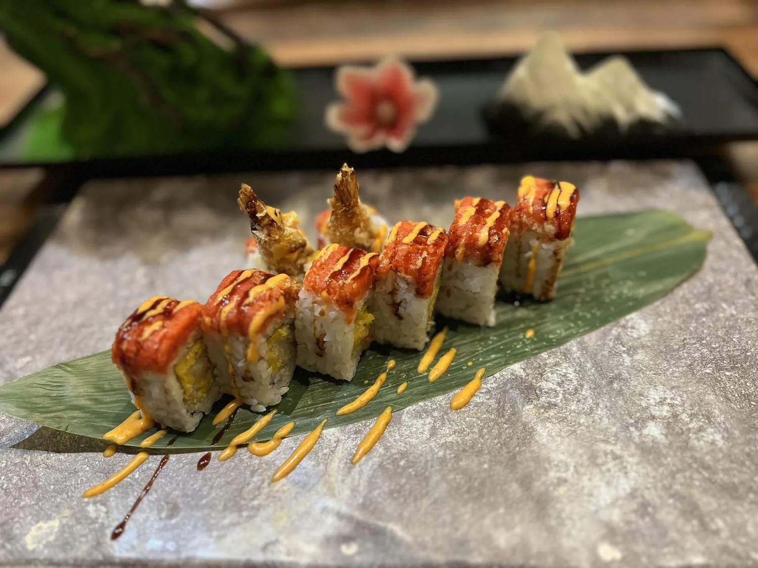 Sushi roll with shrimp tempura, spicy tuna and spicy mayo at Sushi Kingdom Glen Allen, a Japanese Restaurant in Glen Allen