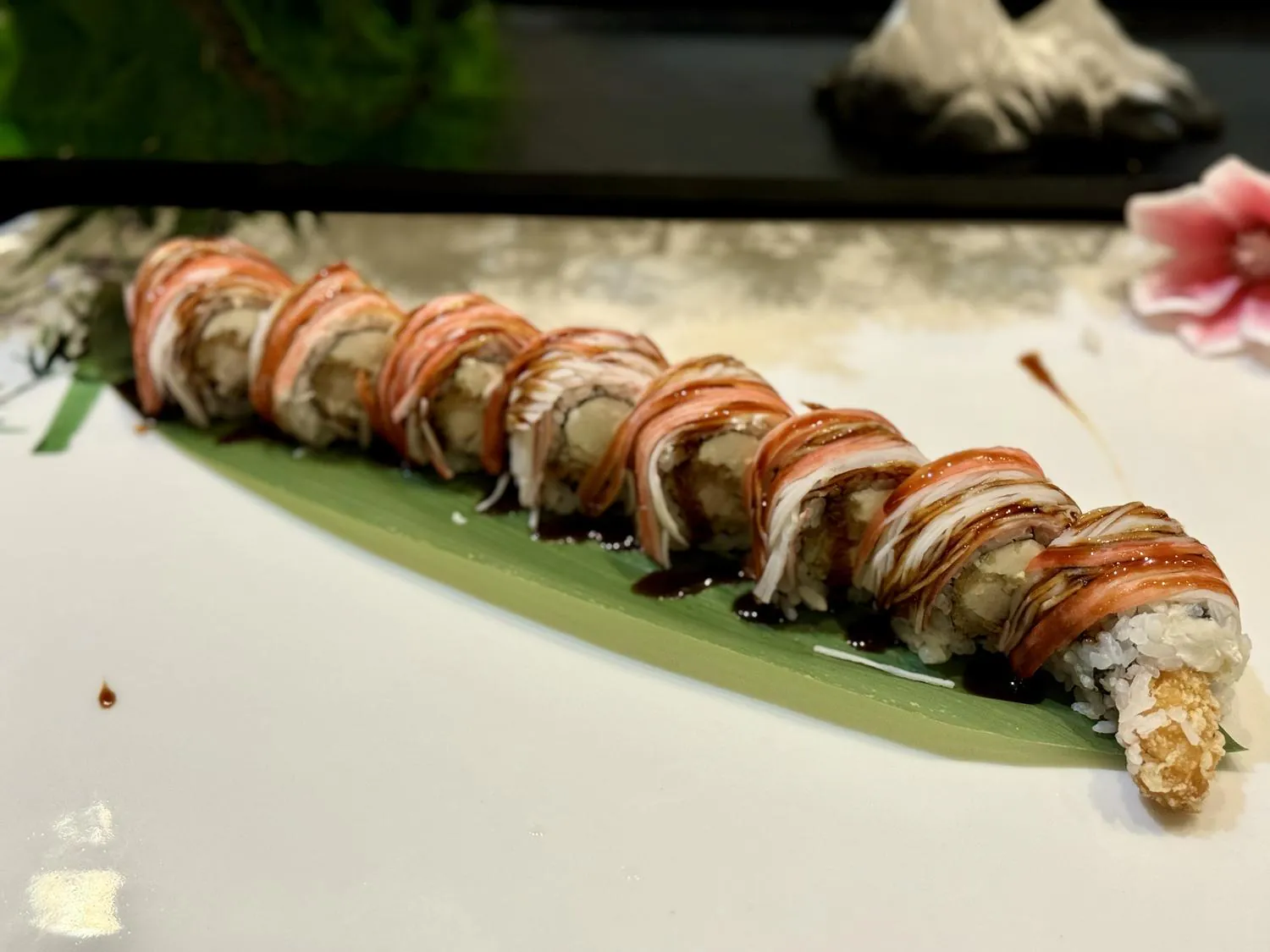 Sushi roll with shrimp tempura, crab sticks and eel sauce at Sushi Kingdom Glen Allen, a Japanese Restaurant in Glen Allen